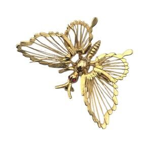 Butterfly Brooch Red Rhinestone Eyes Gold Articulated – Vintage Whimsical